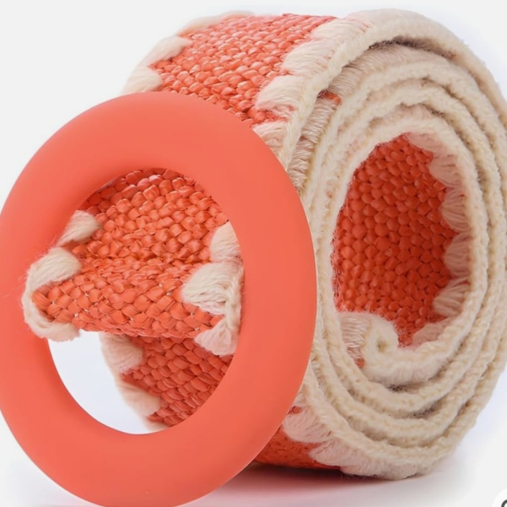 3/$20 Promo - Coral Straw Braided Belt With Cream Trim And Round Buckle
